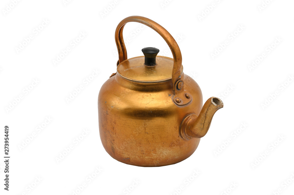 Golden metal kettle on a white background.Teapot. Golden metal kettle on a white background.Teapot.