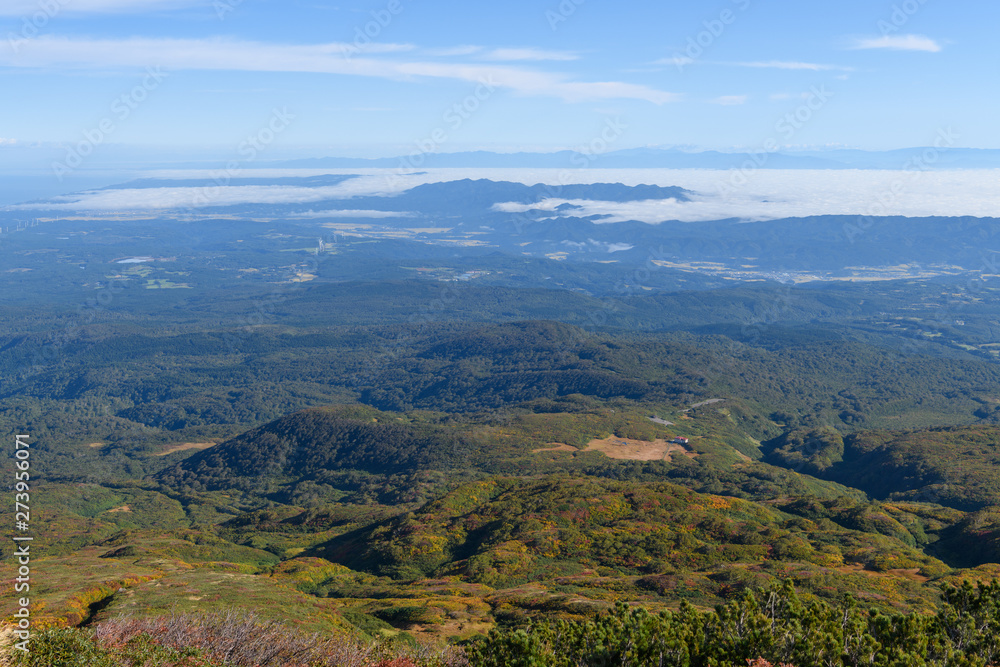 Obraz premium 祓川から鳥海山に向かう登山道から見た朝の展望