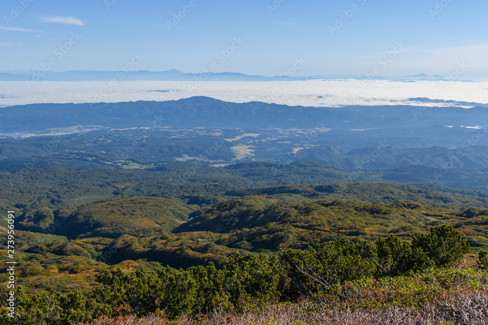 Obraz premium 祓川から鳥海山に向かう登山道から見た朝の展望