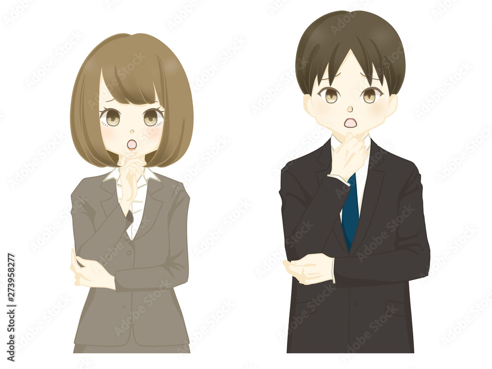 スーツ-顎に手を当てる女性・男性-困る スーツ-顎に手を当てる女性・男性-困る