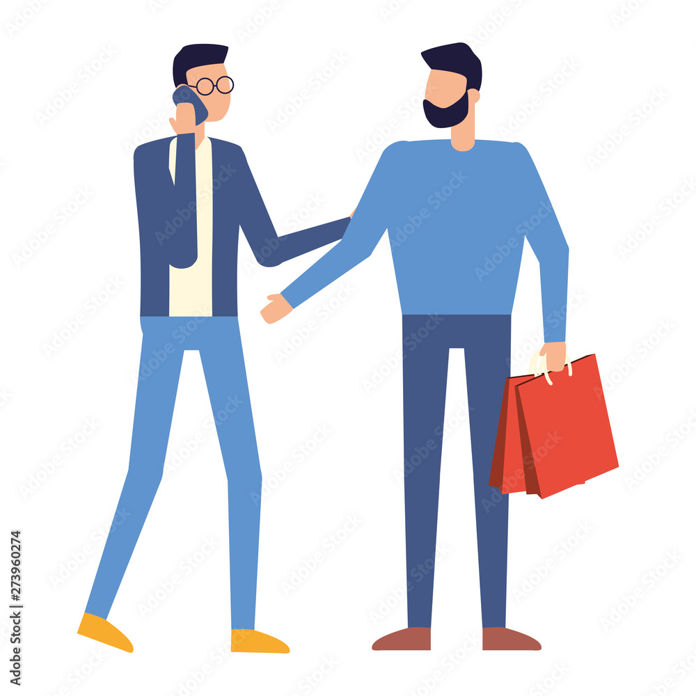 man using smartphone and man with shopping bags man using smartphone and man with shopping bags