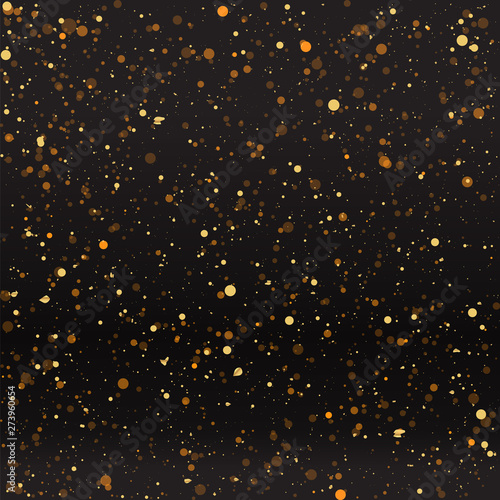 Luxury golden sparkle background, glitter magic glowing. Black and gold vector luminous dust with bokeh