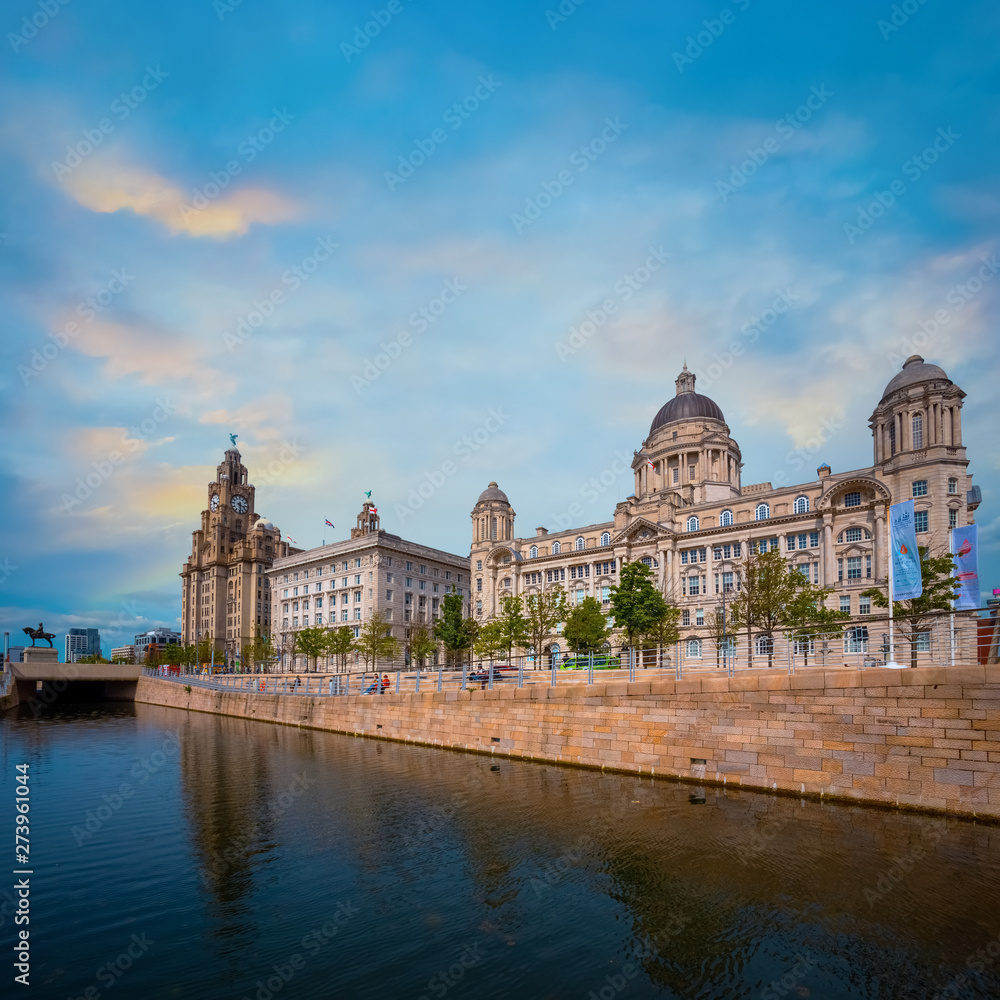 Liverpool Pier Head with the Royal Liver Building, Cunard Building and Port of Liverpool Building 