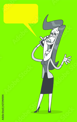 Excited cartoon woman talking on her cell phone