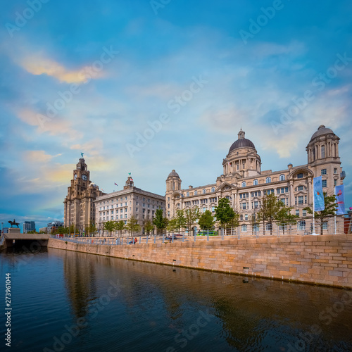 Liverpool Pier Head with the Royal Liver Building, Cunard Building and Port of Liverpool Building 