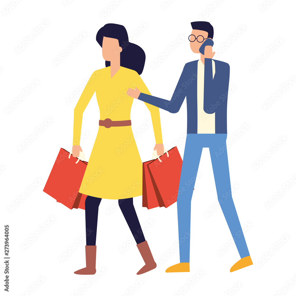 man using smartphone and woman with shopping bag man using smartphone and woman with shopping bag