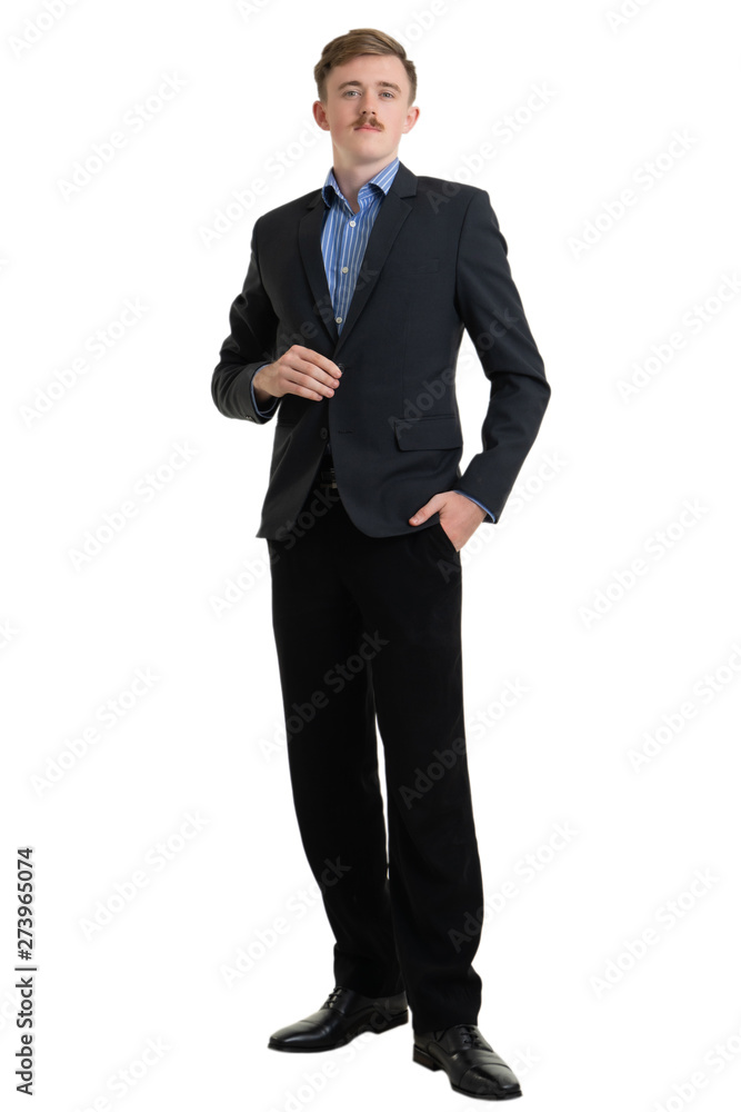 Happy young businessman in suit looking at camera on white background, isolated concept Happy young businessman in suit looking at camera on white background, isolated concept