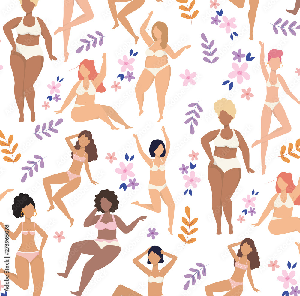 Fototapeta premium happy girls wearing underclothes with plants background