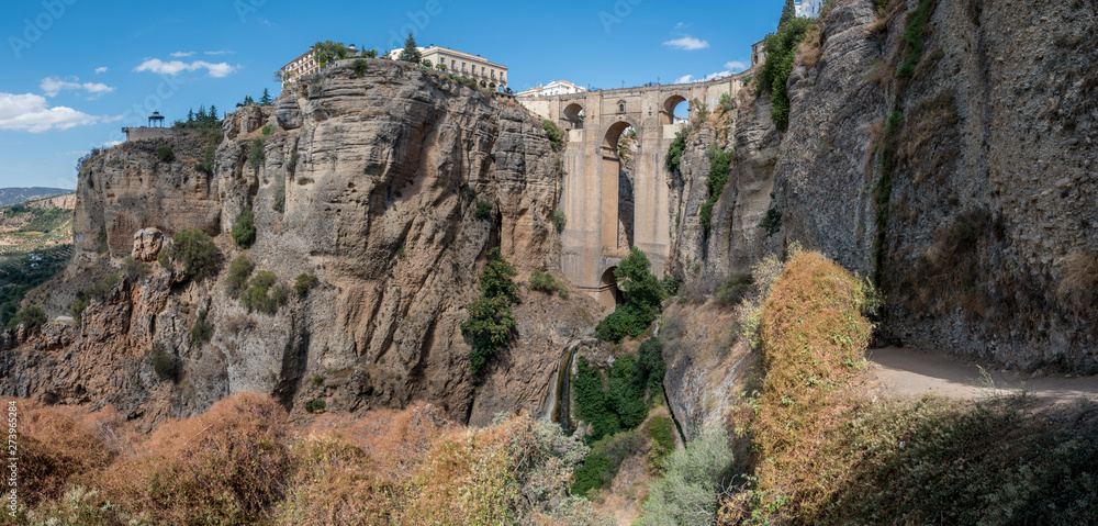 Puente Nuevo (New Bridge) built in 1793, spans 120 meter chasm located in Ronda, Andalucia, Spain. The bridge was used as a prison, torture chamber and was used to kill prisoners by throwing them over