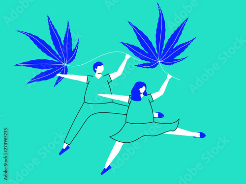 Man and woman doing ballet dancing while holding marijuana leave conveying the message of celebrating marijuana legalization in blue and cyan tones