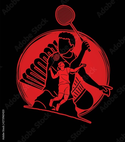Badminton player action cartoon graphic vector 