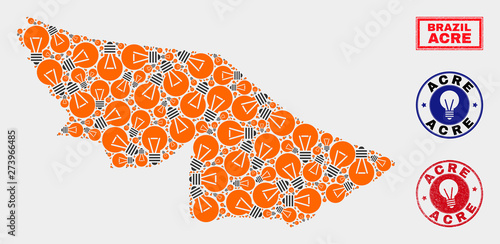 Electrical lamp mosaic Acre State map and grunge round stamp seals. Mosaic vector Acre State map is designed with imagination lamp icons. Abstraction for innovation services.