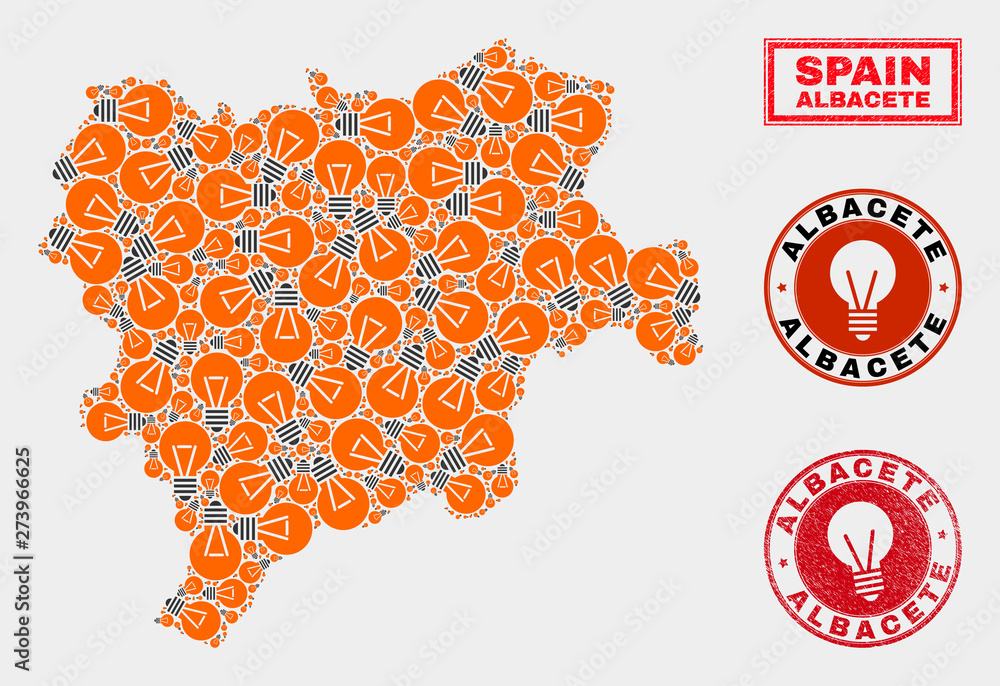 Illumination lamp mosaic Albacete Province map and rubber round stamp seals. Mosaic vector Albacete Province map is created with illumination lamp items. Abstraction for electric business. Illumination lamp mosaic Albacete Province map and rubber round stamp seals. Mosaic vector Albacete Province map is created with illumination lamp items. Abstraction for electric business.