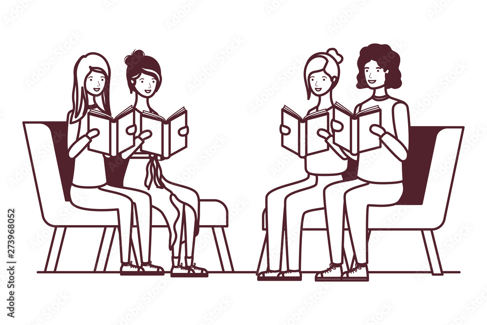 group of people sitting on chair with book in hands