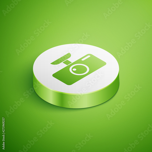 Isometric Car DVR icon isolated on green background. Car digital video recorder icon. White circle button. Vector Illustration