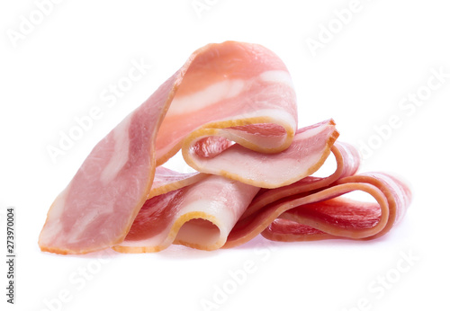 Fresh sliced bacon on white background