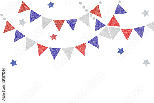Red blue and silver glitter bunting paper cut background - isolated