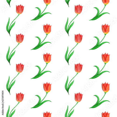 Simple seamless pattern of tulips on a white background. © Mariia