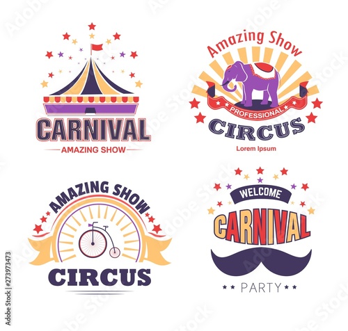 Circus show and carnival party isolated icons tent and elephant