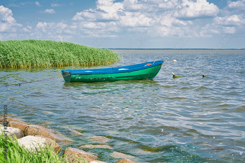 One blue boat near the shore on the background of reeds. A bright emerald boat at the shore. Beautiful landscape with a single boat.