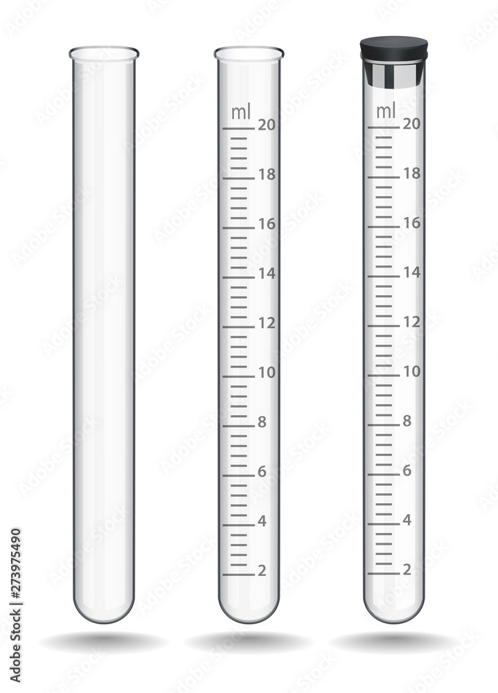 Set of glass laboratory test tubes with a scale and a rubber stopper. Special glassware for laboratory research and analysis in chemistry, biology and medicine. Vector illustration. Set of glass laboratory test tubes with a scale and a rubber stopper. Special glassware for laboratory research and analysis in chemistry, biology and medicine. Vector illustration.