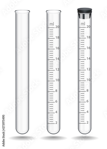 Set of glass laboratory test tubes with a scale and a rubber stopper. Special glassware for laboratory research and analysis in chemistry, biology and medicine. Vector illustration.