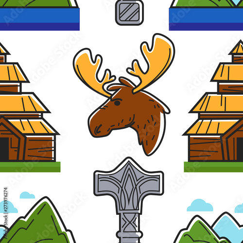 Norway symbols building animal landscape and hammer seamless pattern