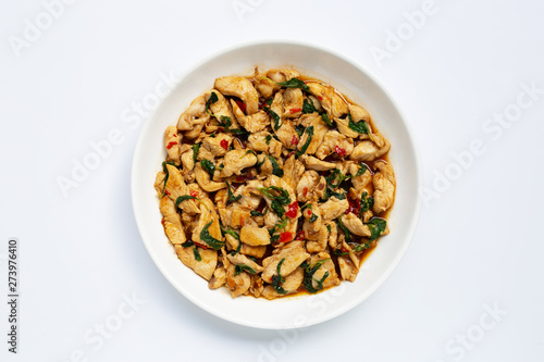Stir-fried chicken with holy basil on white