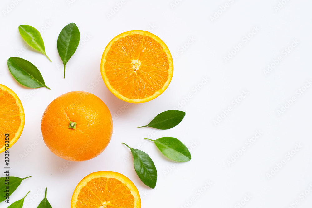 Fresh orange citrus fruit with leaves isolated on white background. Fresh orange citrus fruit with leaves isolated on white background.
