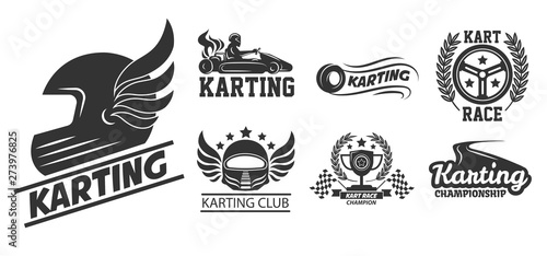 Karting extreme driving sport isolated icons helmet with wings
