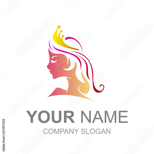beautiful lady logo with queen crown, face logo vector