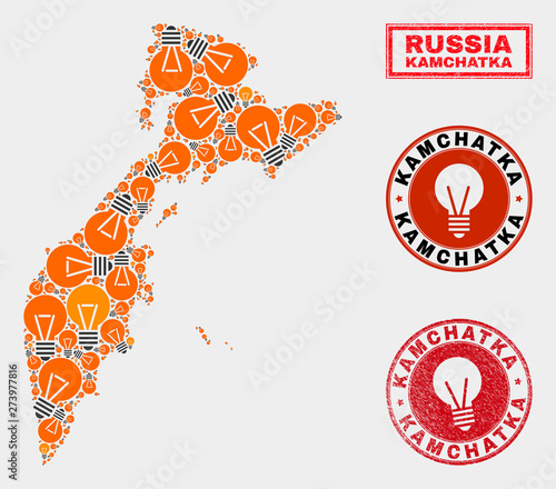 Power lamp mosaic Kamchatka map and grunge round seals. Mosaic vector Kamchatka map is created with electric lamp items. Abstract images for electric services. Orange and red colors used.