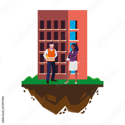 male builder constructor with afro woman engineer and building