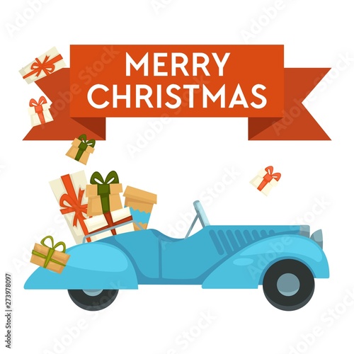 Merry Christmas greeting card car with gifts or presents