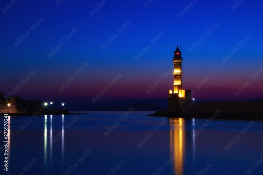 lighthouse at nightLighthouse of Chania at ummer sunset , Crete , Greece