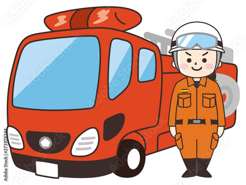消防士の男性とはしご消防車
