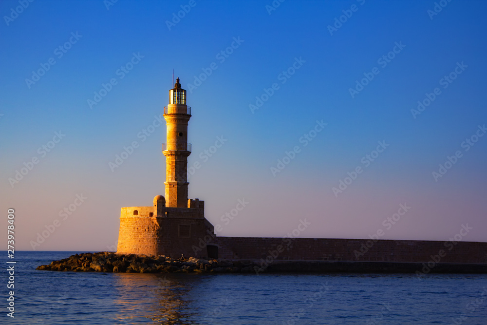 Lighthouse of Chania at ummer sunset , Crete , Greece