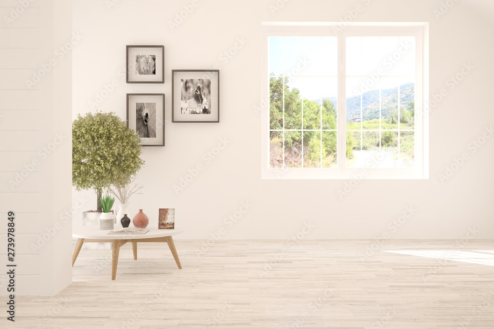 Stylish empty room in white color with summer landscape in window. Scandinavian interior design. 3D illustration Stylish empty room in white color with summer landscape in window. Scandinavian interior design. 3D illustration