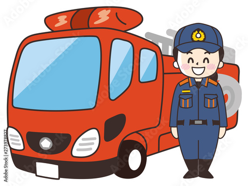 消防士の男性とはしご消防車