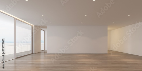 3D rendering of white  luxury empty room and wood floor on sea view background with sun light cast shadow on the wall,Perspective of minimal architecture. photo