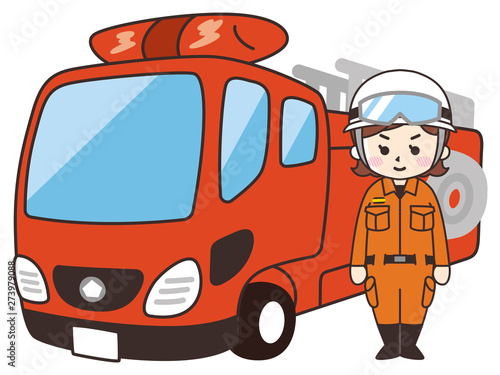 消防士の女性とはしご消防車