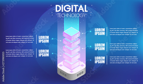 Concept of big data technology processing with 5 options or steps infographics server room and database.Social media icons with character design, blockchain isometric.