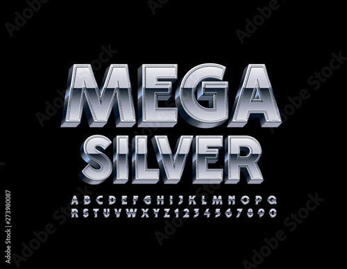 Vector Mega Silver Font. Metallic 3D Alphabet Letters and Numbers.