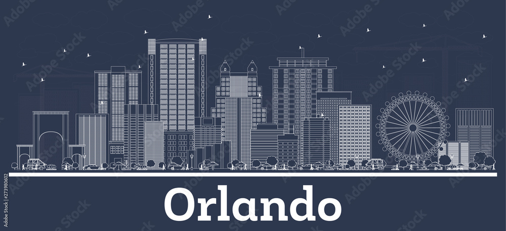 Outline Orlando Florida City Skyline with White Buildings.