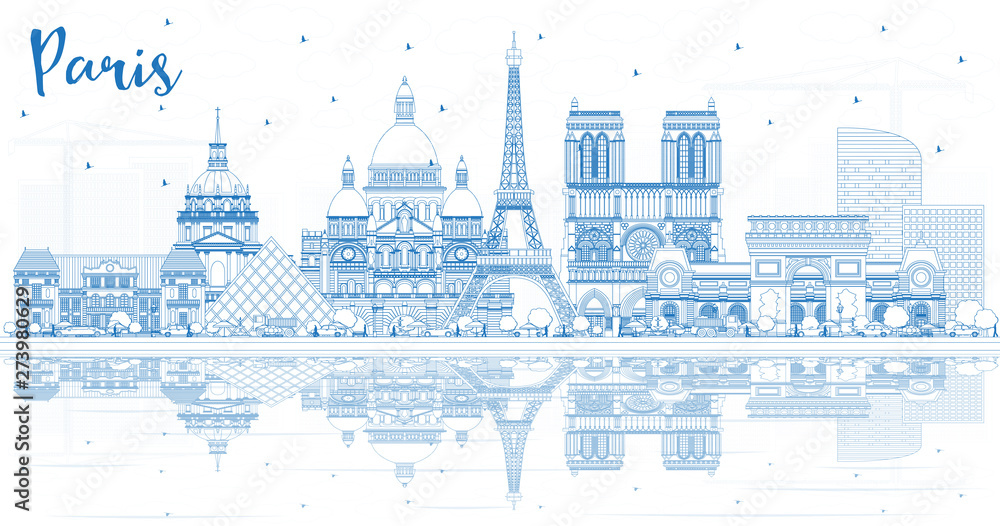 Outline Paris France City Skyline with Blue Buildings and Reflections.