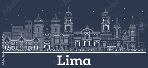 Outline Lima Peru City Skyline with White Buildings.