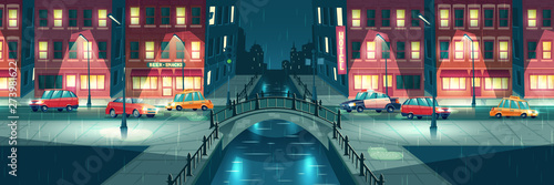 Rainy, wet weather in night town cartoon vector with cars going on city street illuminated by lampposts and signboards, crossing river or water chanel with retro architecture arch bridge illustration