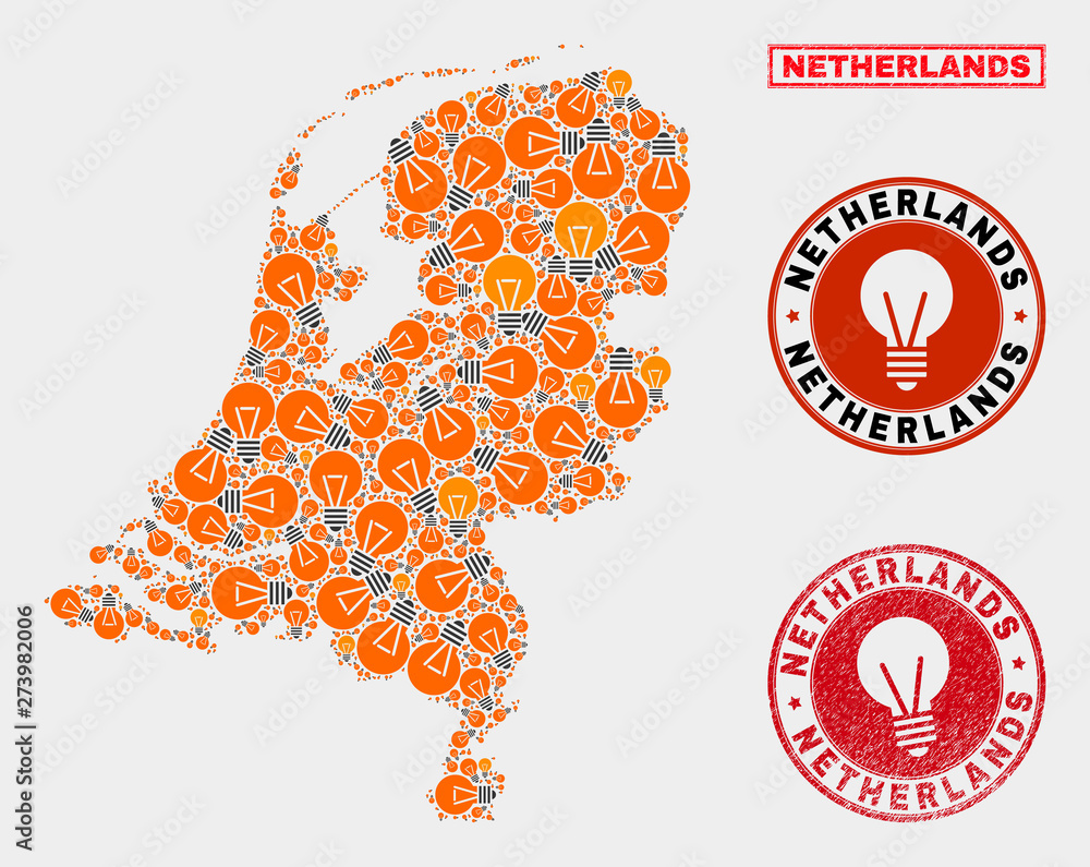 Energy bulb mosaic Netherlands map and grunge round watermarks. Mosaic vector Netherlands map is composed with electric bulb icons. Concept for electric services. Orange and red colors used. Energy bulb mosaic Netherlands map and grunge round watermarks. Mosaic vector Netherlands map is composed with electric bulb icons. Concept for electric services. Orange and red colors used.