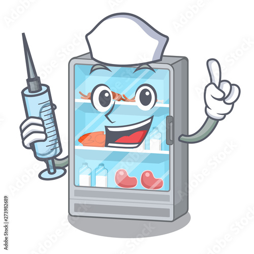 Nurse refrigerator next to the mascot table