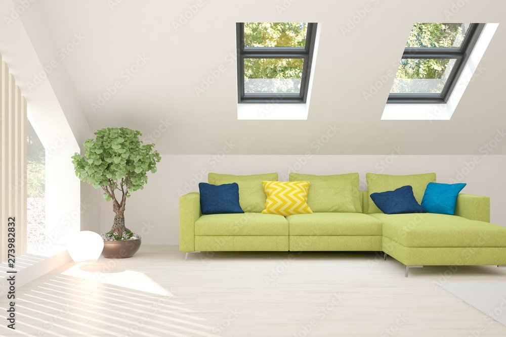 Fototapeta premium Stylish room in white color with sofa. Scandinavian interior design. 3D illustration